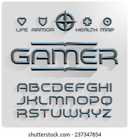 Metallic volume beveled font with long shadow and gaming icons