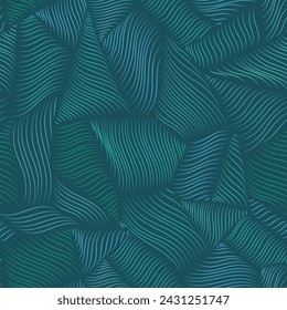 Metallic wavy line marine texture in green and blue. Abstract endless ocean pattern of curvy glossy shapes.