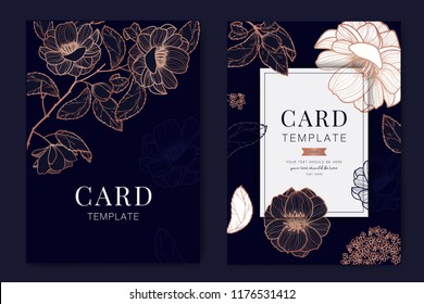 Metallic Wedding Invitation, floral invite thank you, rsvp modern card Design in Copper rose with leaf branches and Navy blue background decorative Vector elegant rustic template