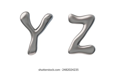 Metallic Y and Z characters, 3D icon vector illustration. Reflective silver surface in Y2K style, perfect for retro, modern themes and 90s, 00s trendy designs