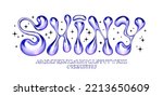 Metallic y2k font. Liquid bubble iron alphabet with melted letters and funky numbers. Glossy 3D flux type face vector set