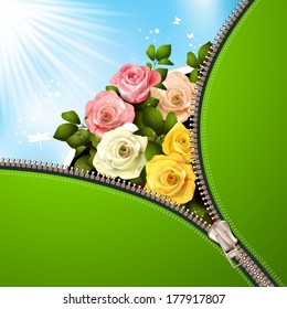Metallic zipper with roses
