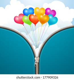 Metallic zipper with sky background and balloons