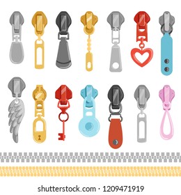 Metallic zippers. Vector tools for clothes. Illustration of zipper metal, fastener fashion zip