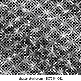 Metallicsilver mosaics. Vector silver disco lights background. Disco party template. Abstract background.