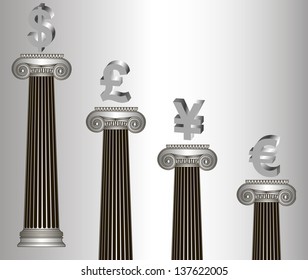 metallic-style greece column with popular currency, U.S. dollar, Euro, British pound, the yen. eps10 vector illustration