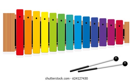 Metallophone or Glockenspiel with thirteen rainbow colored bars and two percussion mallets - top view - isolated vector illustration on white background.