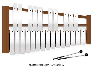 Metallophone with metal bars - top view - three octaves in c major with fifteen whole tones and ten halftones - plus two percussion mallets - illustrated vector illustration on white background.