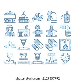 Metallurgical Elements sketch icon vector. Hand drawn blue doodle line art Factory Furnace, Metal Melting And Metallurgical Pipe Foundry Illustrations