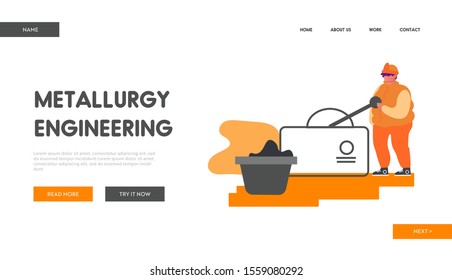 Metallurgical Heavy Industry Company Website Landing Page. Metallurgy Worker Pushing Lever Arm at Conveyor Belt Carrying Raw Ore for Iron Processing Web Page Banner. Cartoon Flat Vector Illustration
