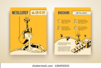 Metallurgical industry company, foundry manufacture isometric vector advertising brochure, promotion booklet with molten in induction furnace metal pouring from ladle in molds line art illustration