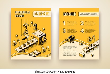 Metallurgical industry company, steel and alloys production, iron ore processing factory isometric vector annual report, promo brochure template. Melted metal pouring in molds on conveyor illustration