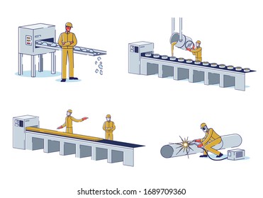 Concepto de la industria metalúrgica. Los Caracteres Trabajan En Acero De Fusión De Planta Metalúrgica, Procesos De Control De Fabricación De Metal. Taller de fábrica. Conjunto de ilustraciones de vectores planos de contorno lineal de dibujo