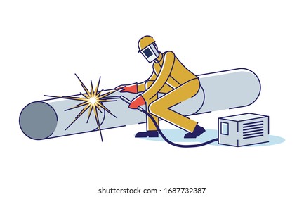 Metallurgical Industry Concept. Man Welds Pipe By ARC Welder. Professional Character In Uniform At Metallurgical Plant. Manufacturing Metal Products. Cartoon Linear Outline Flat Vector Illustration