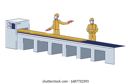 Metallurgical Industry Concept. Team of Metallurgists Control Metal Rolling Process On A Conveyor At Metallurgical Plant. Manufacturing Metal Products. Cartoon Linear Outline Flat Vector Illustration