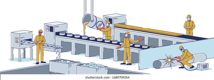 Metallurgical Industry Concept. Team of Metallurgists Is Working At Metallurgical Plant Melting Steel, Manufacturing Metal Products. Factory Workshop. Cartoon Linear Outline Flat Vector Illustration