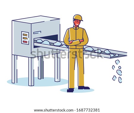 Metallurgical Industry Concept. Worker Controls The Quality And Process Iron Ore Supply By Conveyor. Manufacturing Metal Products. Factory Workshop. Cartoon Linear Outline Flat Vector Illustration