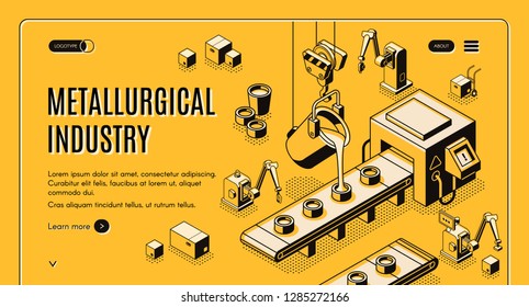 Metallurgical Industry Technologies Isometric Vector Web Banner, Landing Page. Pouring Molten Metal From Ladle In Molds On Automated And Robotized Foundry Manufacturing Conveyor Line Art Illustration