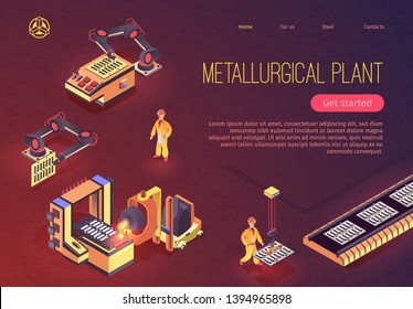 Metallurgical Plant Banner With Mechanical Equipment And Working Staff. Blast Furnace, Oxygen Steelmaking Furnace, Casting Machine, Rolling Mill Steel And Iron Industry Vector Isometric Illustration