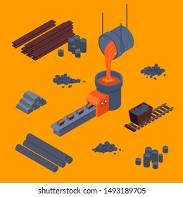 Metallurgical Process Sign 3d Icon Set Isometric View Include of Equipment, Iron, Rolling, Pipe, Ore, Slag and Plate. Vector illustration of Icons