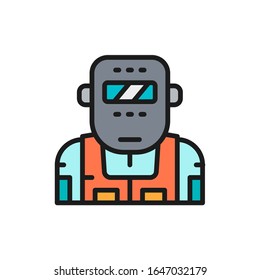 Metallurgist in a protective mask flat color line icon.