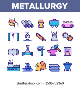 Metallurgy Collection Elements Vector Icons Set Thin Line. Steel And Metal Tube Metallurgy Production Concept Linear Pictograms. Metallurgical Industry Color Contour Illustrations
