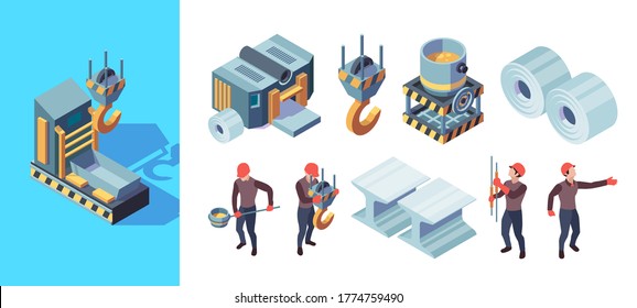 Metallurgy Factory. Iron Manufacturing Heavy Steel Foundry Production Vector Isometric Illustration