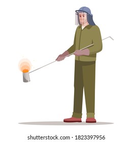 Ilustración de vector de color RGB semiplana de la fábrica de metalurgia. Industria pesada y trabajos de hierro. Trabajador de acero en equipos de protección derretido metal aislado personaje de dibujos animados sobre fondo blanco