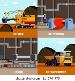 Metallurgy flat design concept with ore mining and transportation foundry machinery for steel production isolated vector illustration