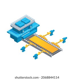 Metallurgy foundry industry isometric composition with isolated image of factory conveyor facility with incandescent metal vector illustration