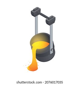 Metallurgy Foundry Industry Isometric Composition With Molten Steel Pouring Out Of Metal Bucket Vector Illustration