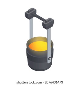 Composición isométrica de la fundición metalúrgica con imagen aislada del cubo colgante con ilustración vectorial de acero fundido