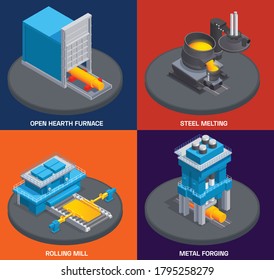 Metallurgy Foundry Industry Isometric Design Concept With Images Of Plant Furnace Rolling Mill And Other Facilities Vector Illustration