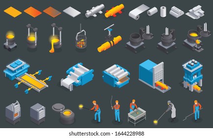 Metallurgy Foundry Industry Isometric Set With Isolated Icons And Images Of Metal Production Factory Equipment Machinery Vector Illustration