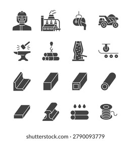 Metallurgy glyph icon set. Linear symbols of worker, metallurgical plant, blast furnace, quarry dump truck and metal products. Industrial technology vector illustration.