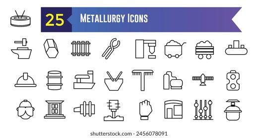 Metallurgie-Ikonen gesetzt. Umriss-Satz von Metallurgie-Vektor-Icons für UI-Design. Kollektion des Gliederungssymbols. Bearbeitbarer Strich.
