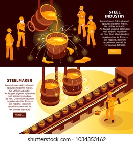 Industria metalúrgica 2 banderas isométricas con fabricantes de acero en fundición y moldes de hierro fundido ilustración vectorial