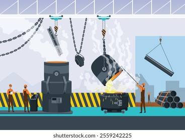 Metallurgy industry concept with smelters and furnaces in production plant. Steel industry banner, iron and factory workshop. Hot steel pouring in steel plant. Steel worker