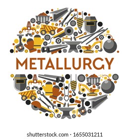 Metallurgy industry icons collection set in circle. Mine pit heavy extraction machines, cast iron bucket pouring molten metal, steel work tools, safety mask and gloves. Vector graphic illustration.