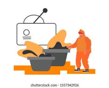 Metallurgy Industry Laborer in Working Uniform Stand at Containers with Raw Ore Inspecting Material before Manufacturing Ironwork Process on Factory. Metal Production Cartoon Flat Vector Illustration