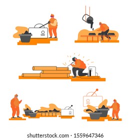 Metallurgy Industry Set. Resource Mining, Smelting of Metal in Big Foundry, Hot Steel Pouring in Steel Plant. Factory Workshop. Steel Workers in Manufacture Process. Cartoon Flat Vector Illustration