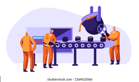 Metallurgy Industry Workers in Uniform Smelting Metal in Big Foundry and Pouring Hot Molten Steel or Iron Ore in Form During Smelting Process, Metal Production Company Cartoon Flat Vector Illustration