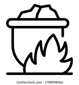 Metalurgia en el icono de la olla de fuego. Metalurgia de contorno en el icono vectorial de la olla de fuego para el diseño web aislado en fondo blanco