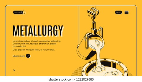 Metallurgy plant isometric vector web banner. Pouring molten steel or iron ore in form during smelting process, line art illustration. Heavy industry, metals and alloys production company landing page