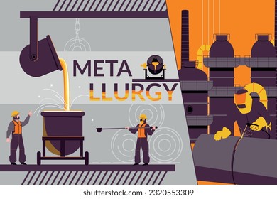 Composición de producción de metalurgia con el collage de iconos planos de vertido de metal líquido con trabajadores e ilustración de vector de texto