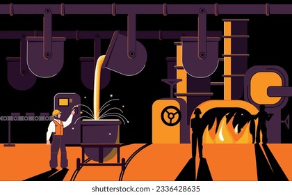 Producción de metalurgia composición plana con vectores industriales con caracteres de metal líquido y doodle de trabajadores ilustración vectorial