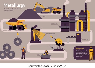 Producción de metalurgia composición infográfica plana con íconos de maquinaria de edificios de plantas y trabajadores con subtítulos de texto ilustración vectorial