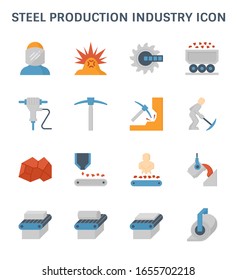 Metallurgy production industry vector icon. Steel mill or steelworks consist of worker, machine equipment of factory or industrial plant for hot casting process or manufacturing of metal, steel, iron.