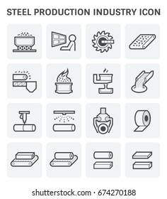 Metallurgy production industry vector icon. Steel mill or steelworks consist of worker, machine equipment of factory or industrial plant for hot casting process or manufacturing of metal, steel, iron.