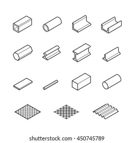 Metallurgy products vector icon set in thin line style